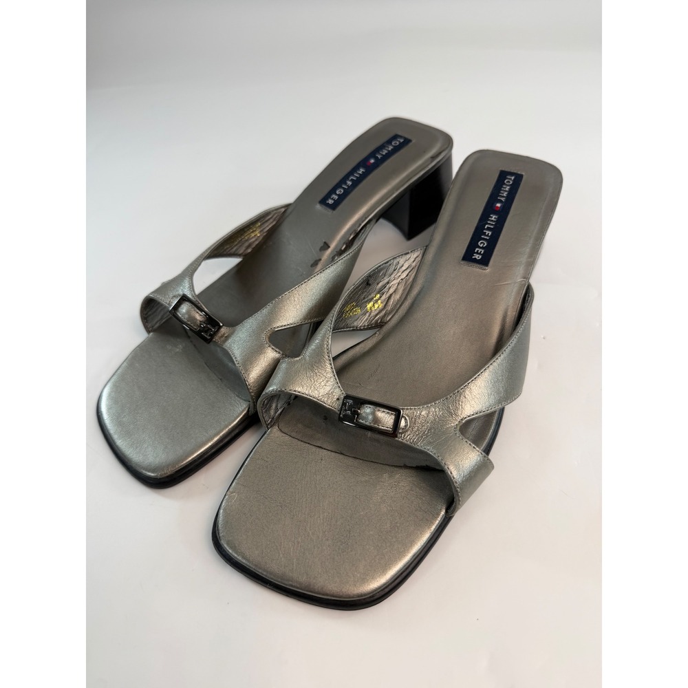Tommy Hilfiger Vintage Metallic Silver Square Toe Block Heel Mules ALG-425 40
